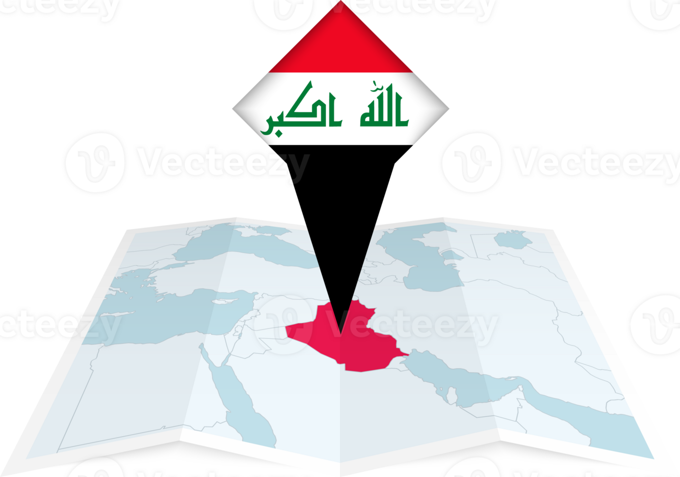 Iraq pin flag and map on a folded map png