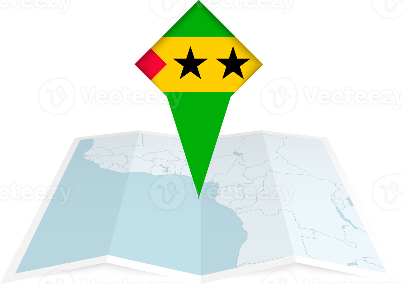 Sao Tome and Principe pin flag and map on a folded map png