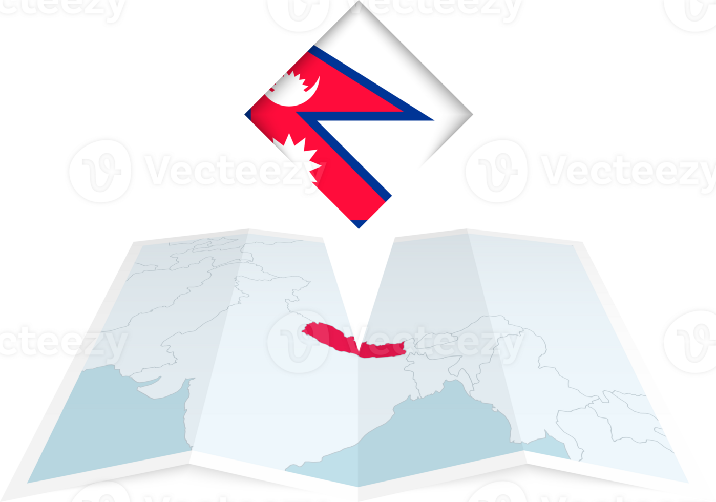 Nepal pin flag and map on a folded map png