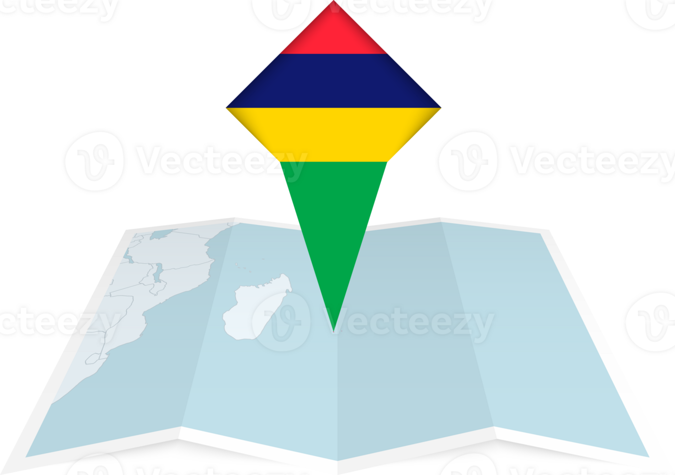 Mauritius pin flag and map on a folded map png