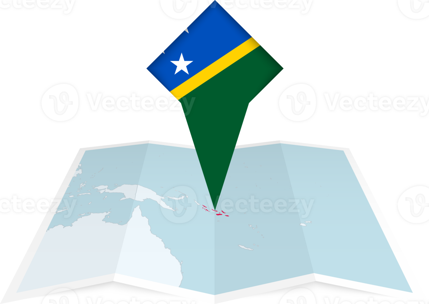 Solomon Islands pin flag and map on a folded map png