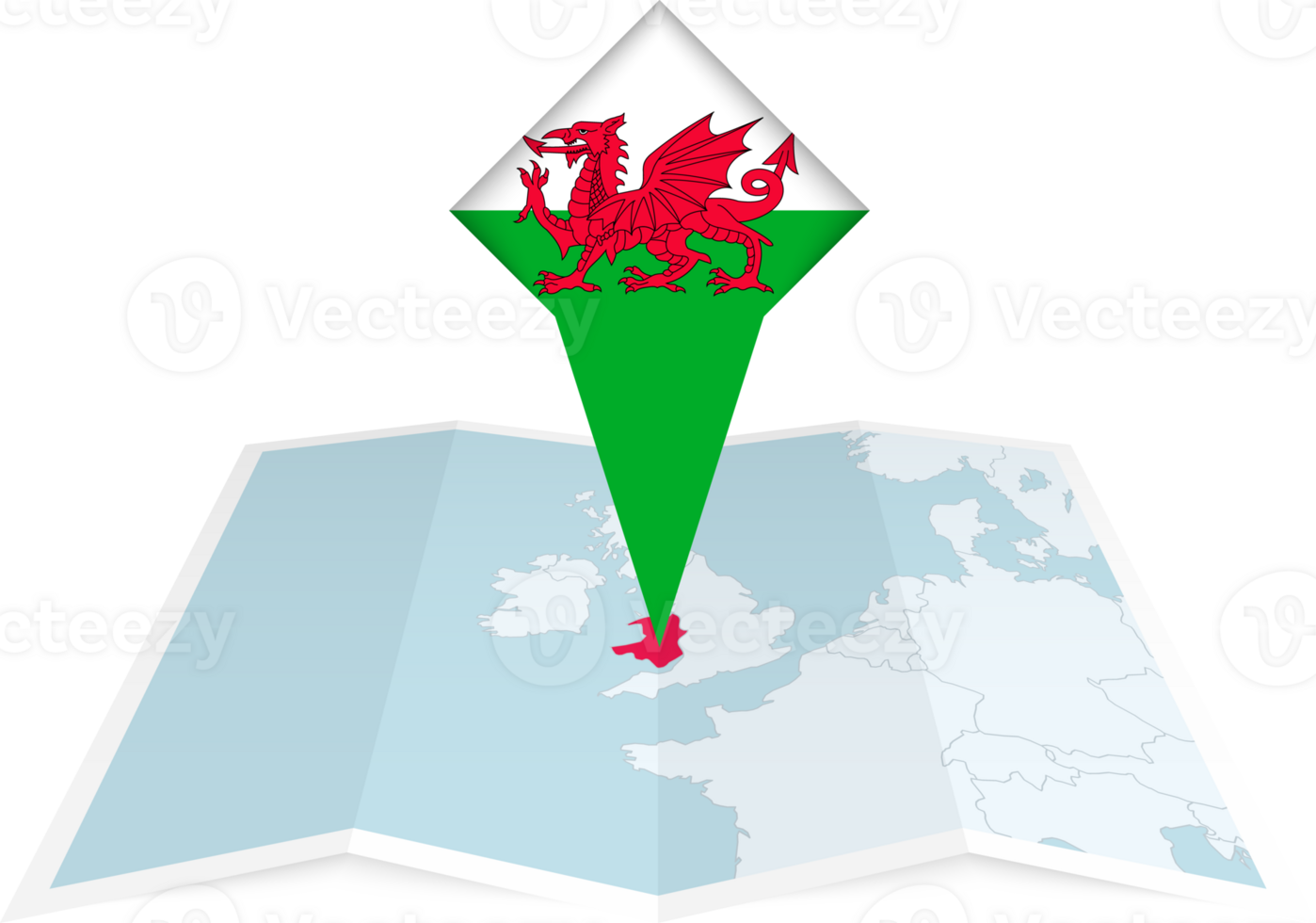 Wales pin flag and map on a folded map png