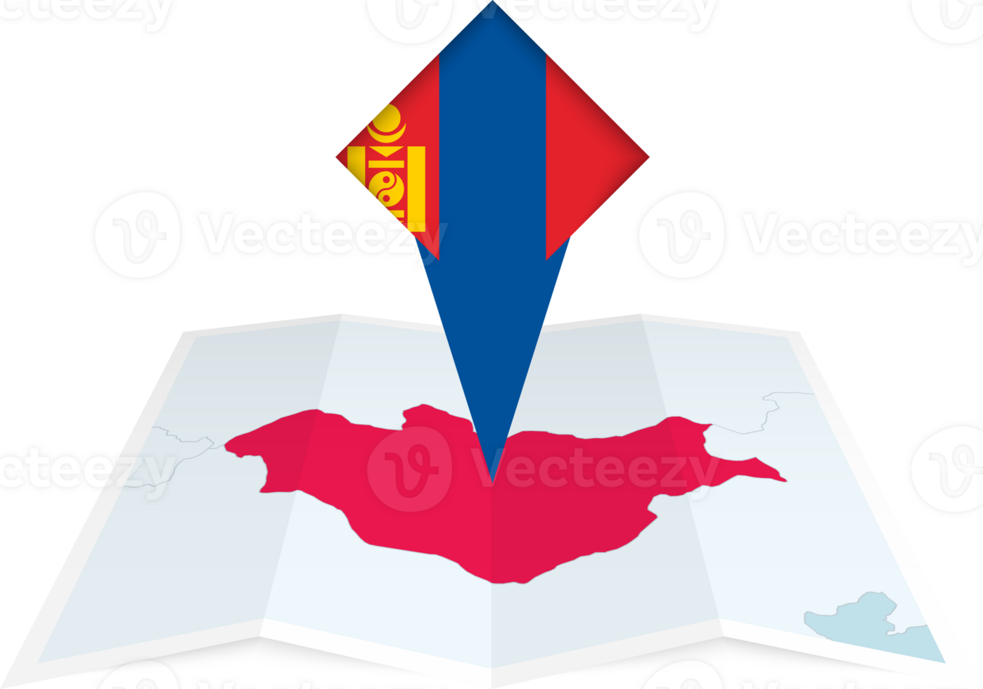 Mongolia pin flag and map on a folded map png