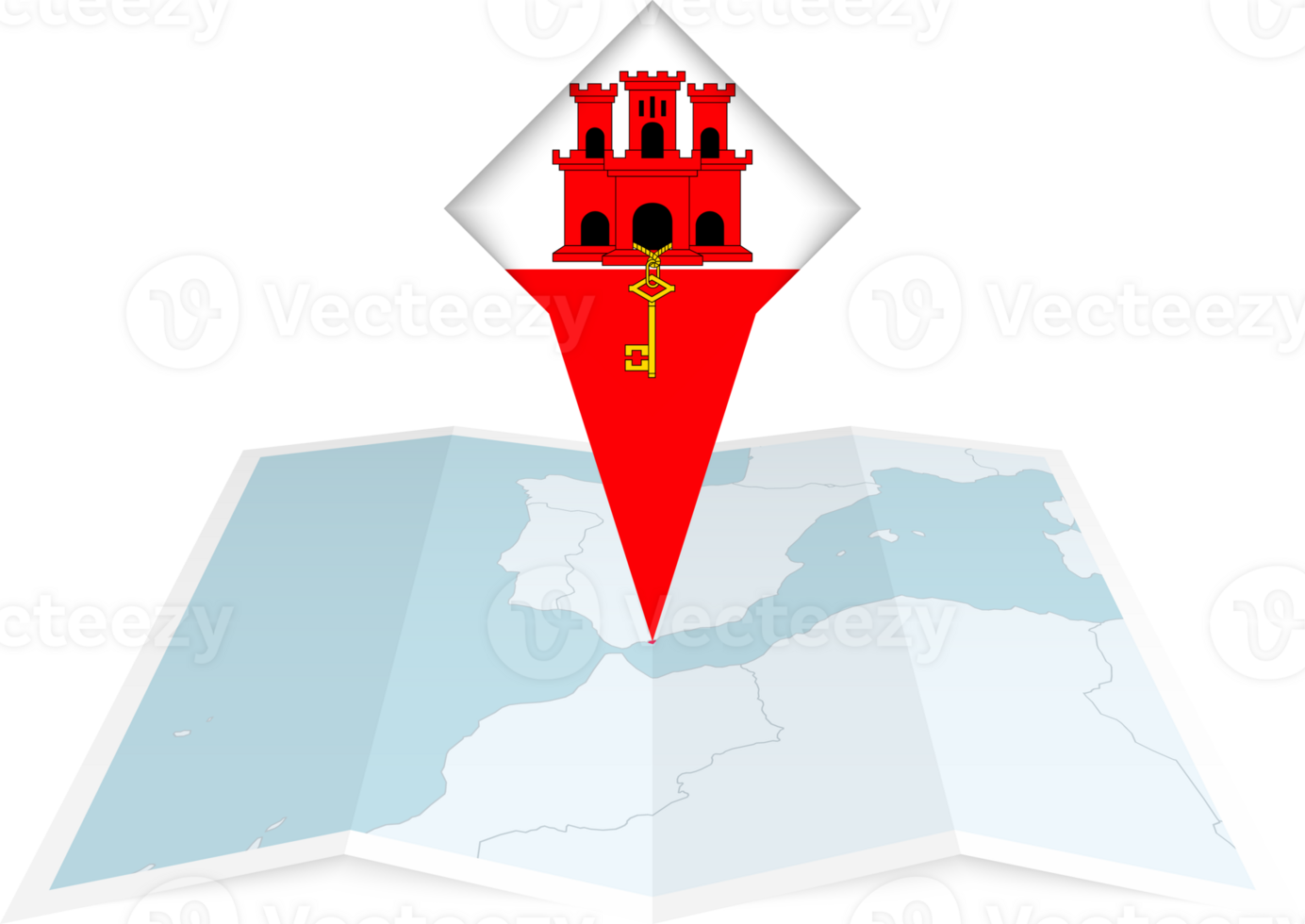 Gibraltar pin flag and map on a folded map png