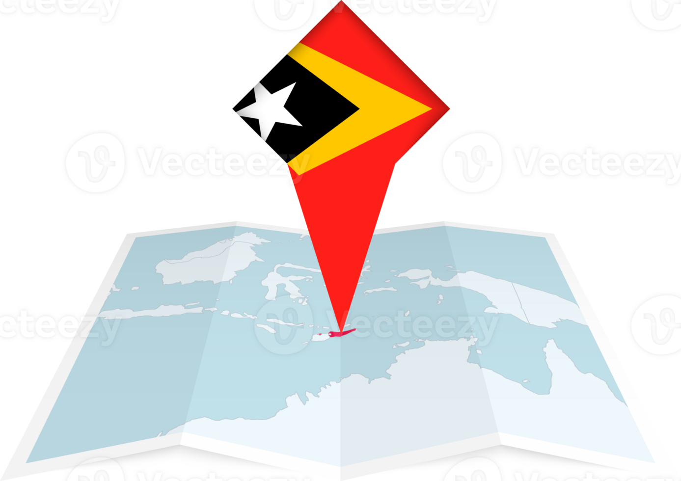 East Timor pin flag and map on a folded map png