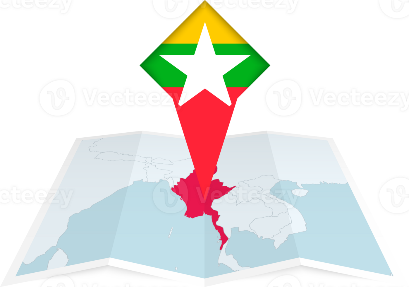 Myanmar pin flag and map on a folded map png