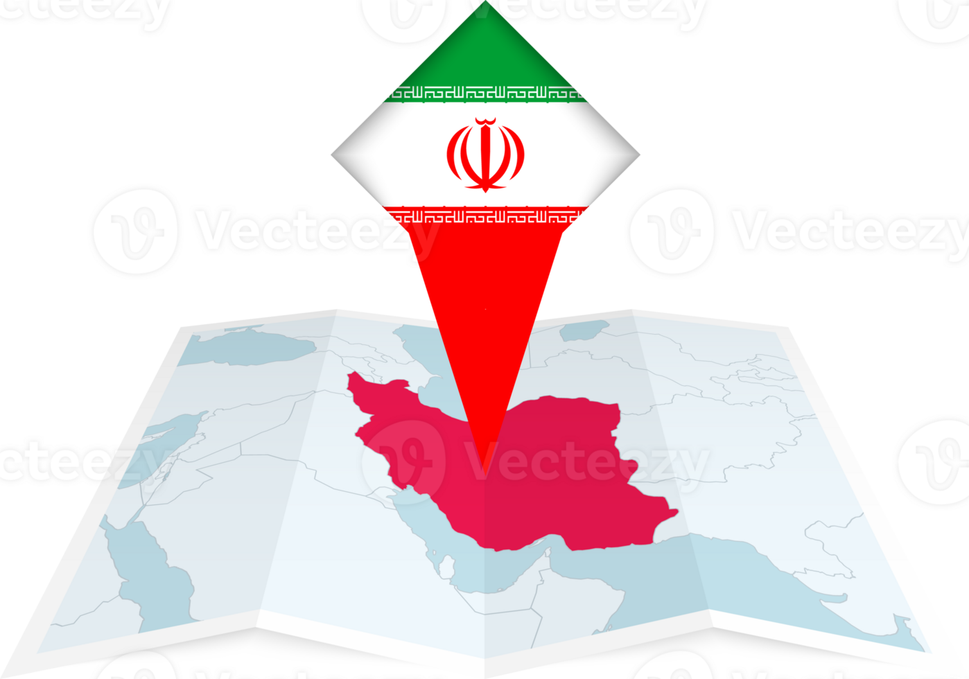 Iran pin flag and map on a folded map png