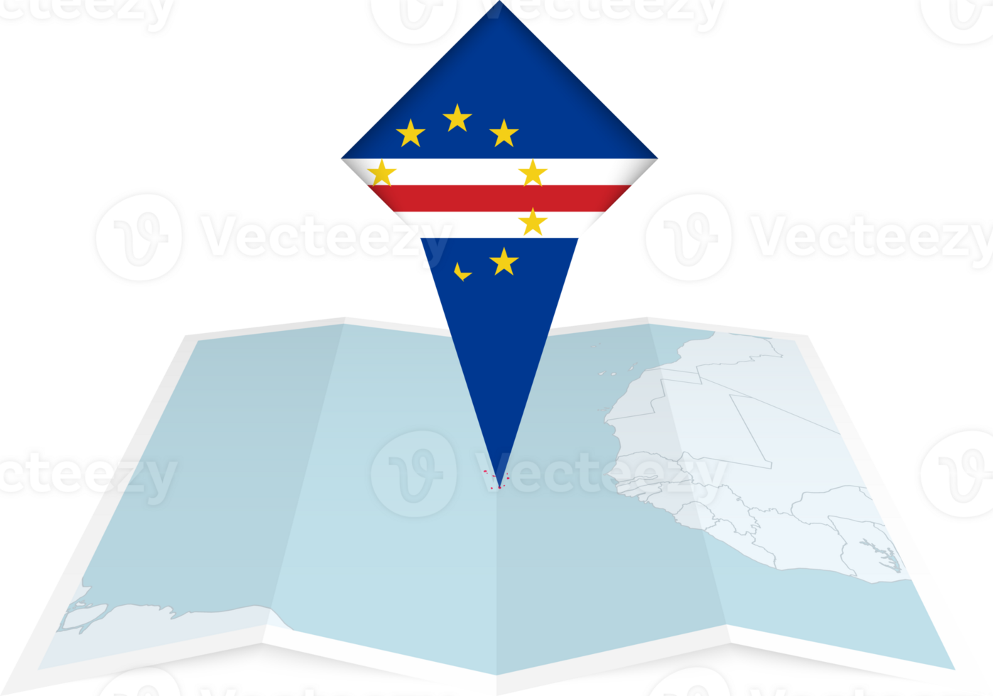 Cape Verde pin flag and map on a folded map png
