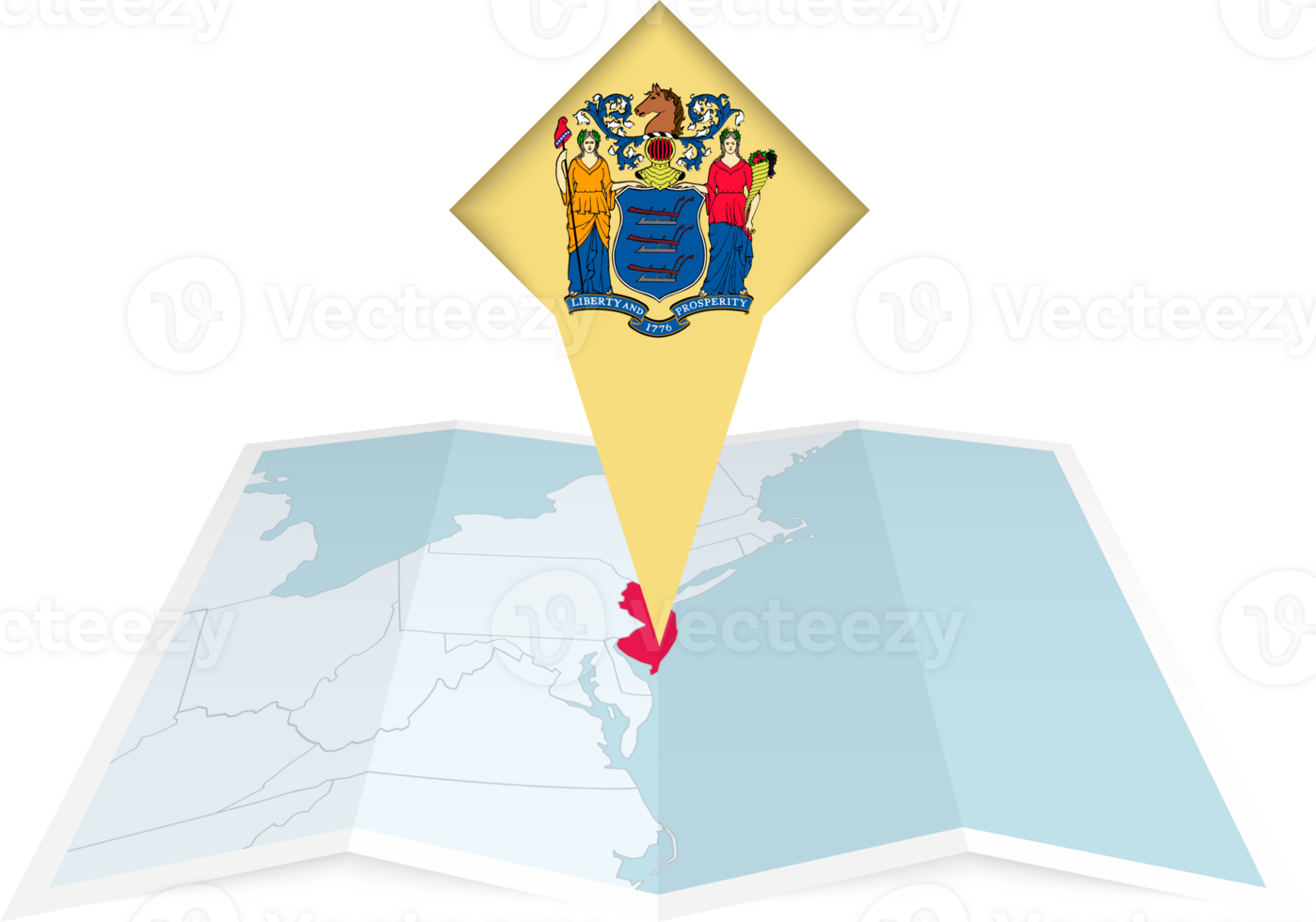New Jersey pin flag and map on a folded map png