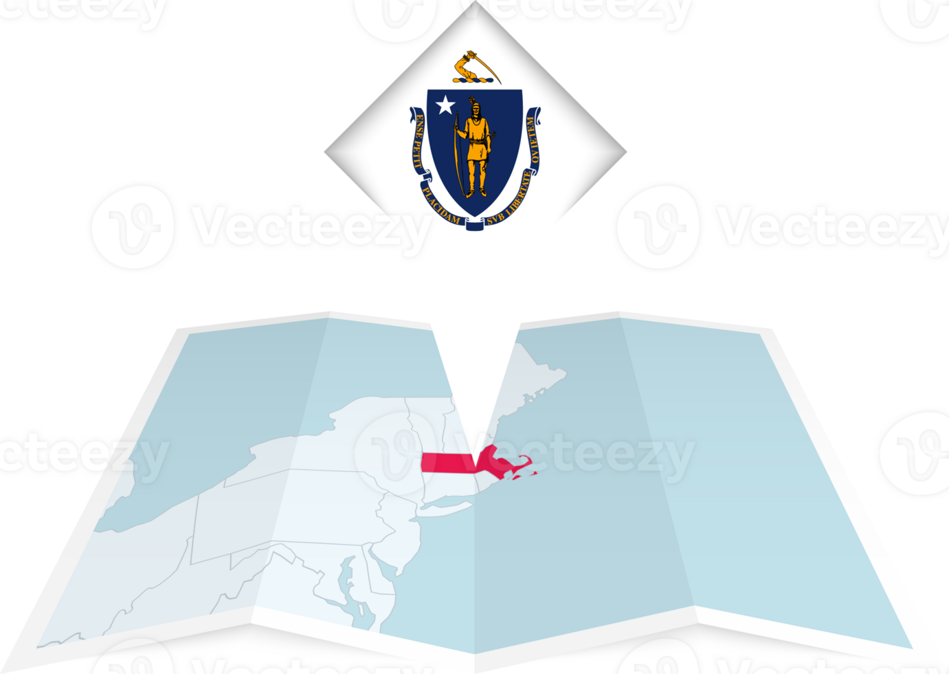 Massachusetts pin flag and map on a folded map png