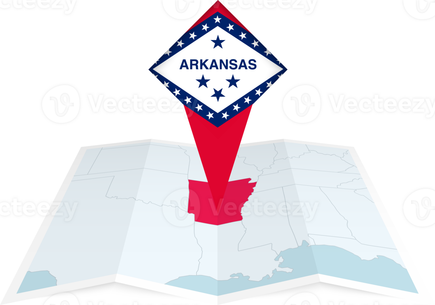 Arkansas pin flag and map on a folded map png