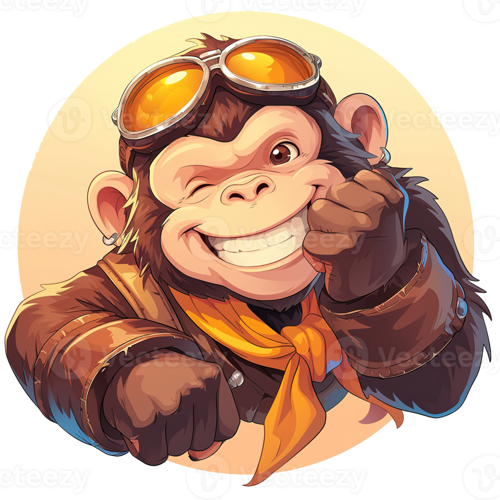 A smiling cartoon chimpanzee wearing goggles and a bomber jacket png