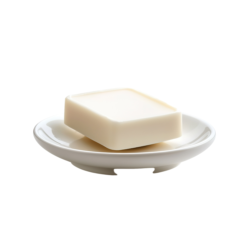 A bar of soap rests on a white ceramic dish png