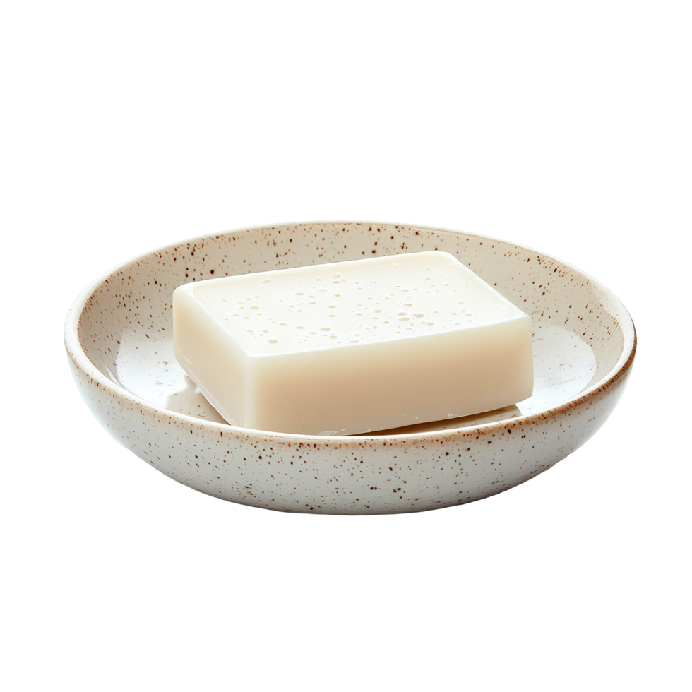 A light bar of soap rests inside a speckled ceramic dish png