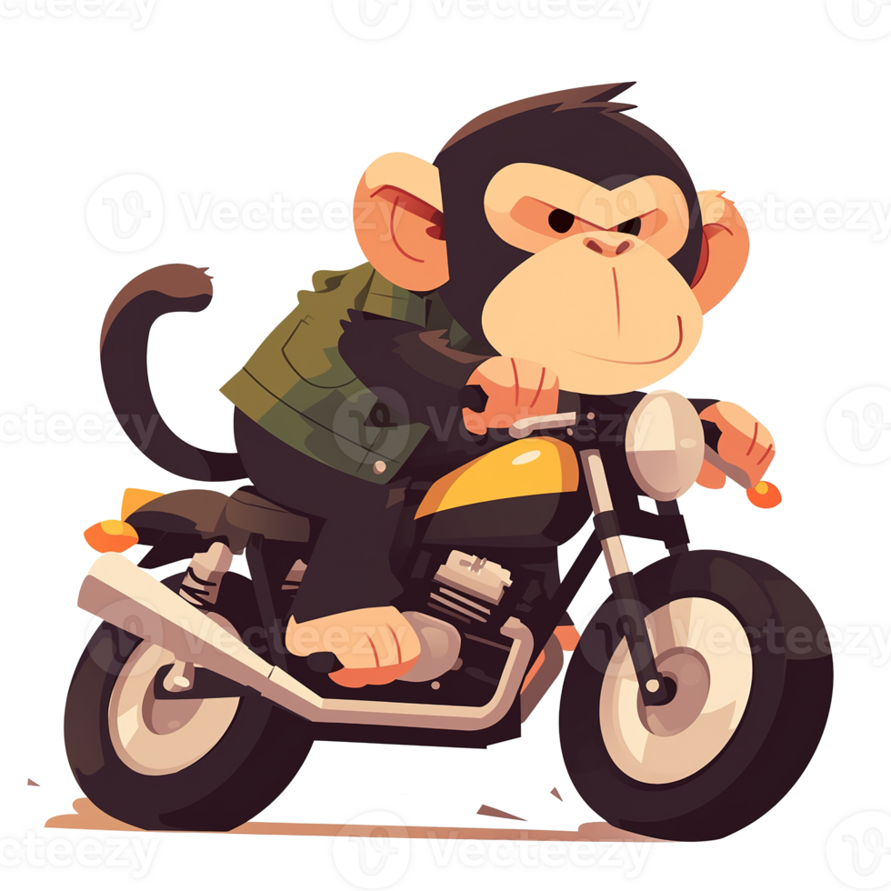 A cartoon monkey riding a motorcycle with a determined expression png