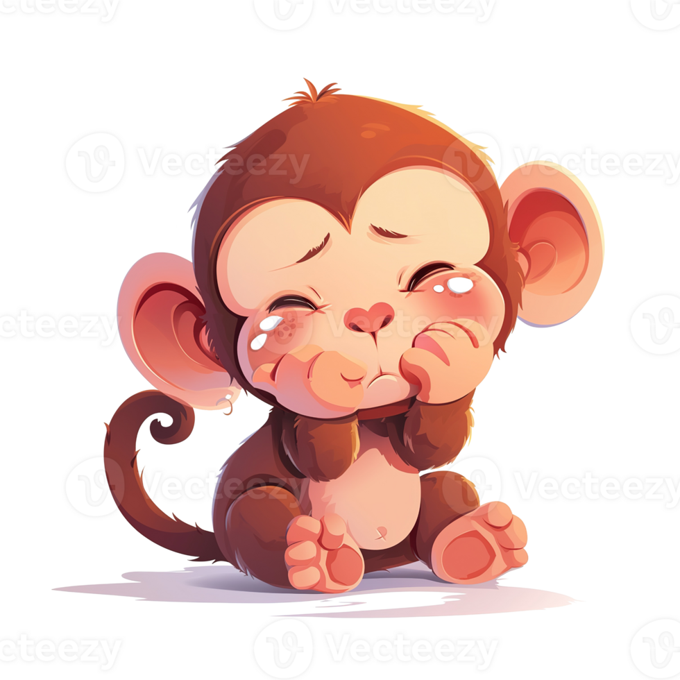 Adorable cartoon monkey showing sadness with tears and puffed cheeks png