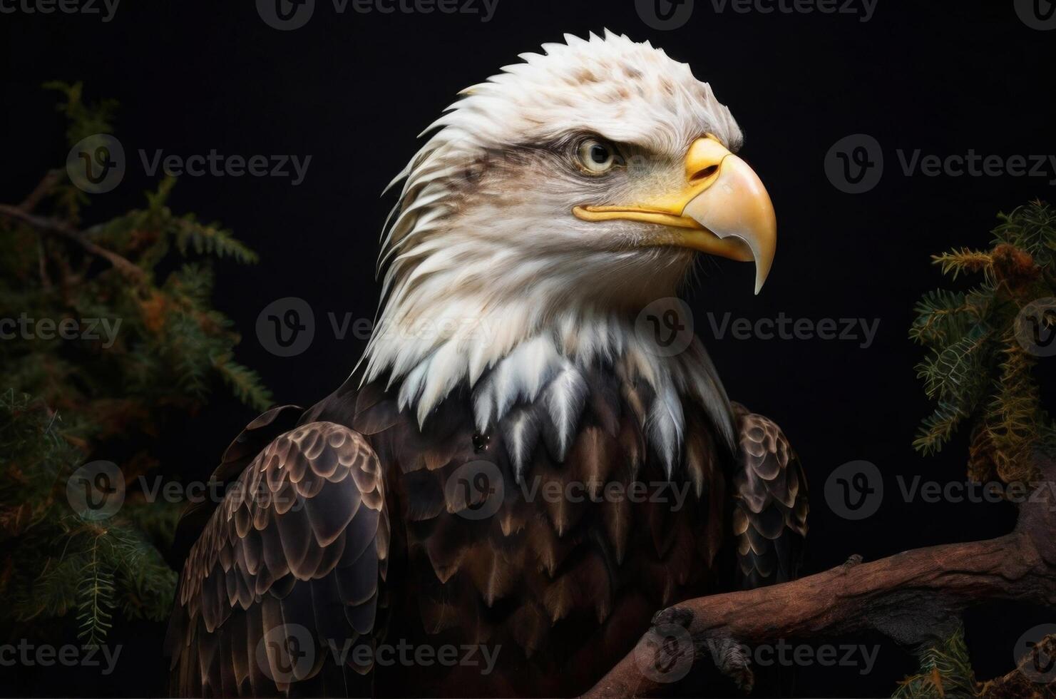 An eagle is sitting on a branch with a black background photo