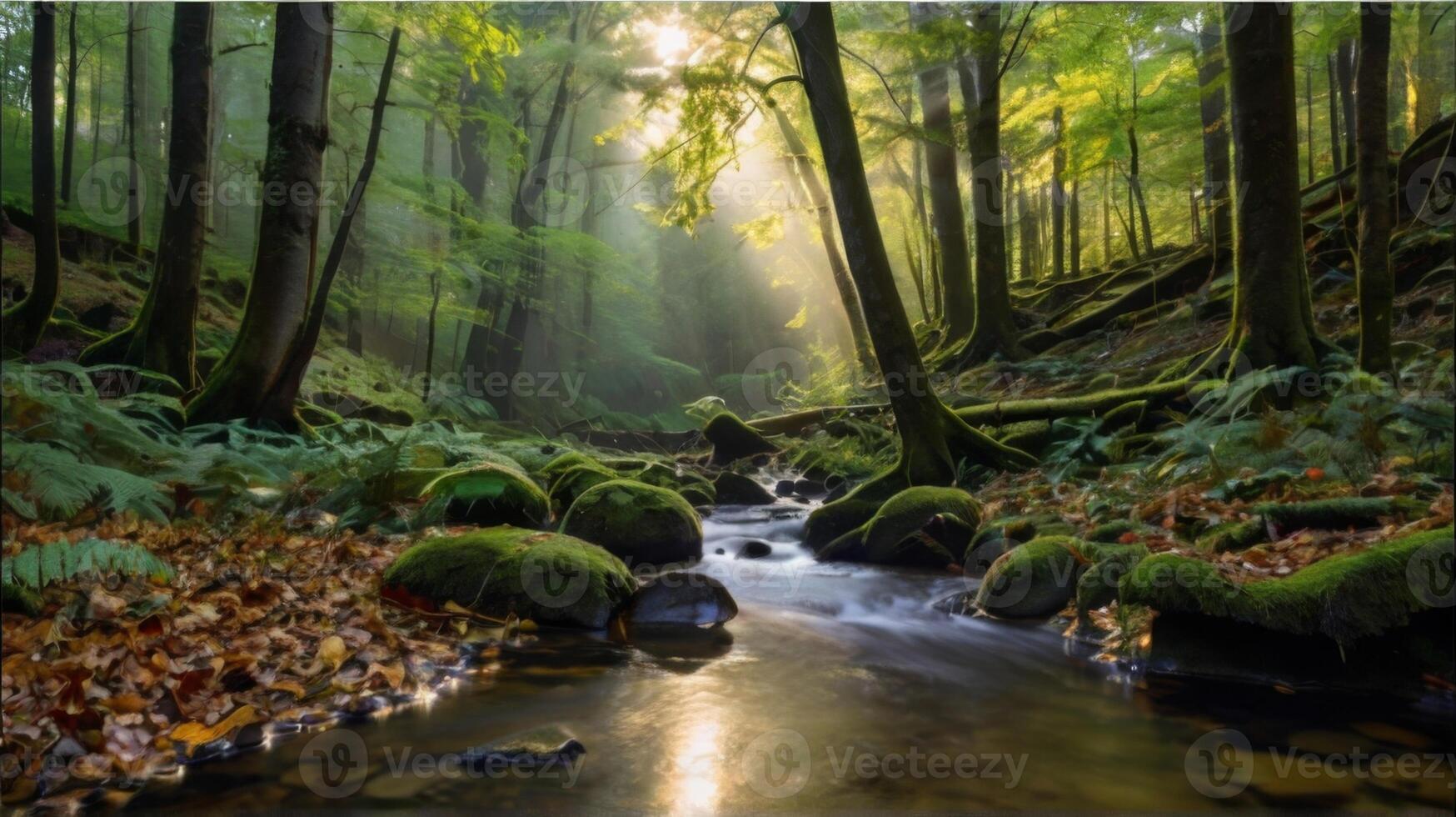 A stream runs through a forest with trees and moss photo