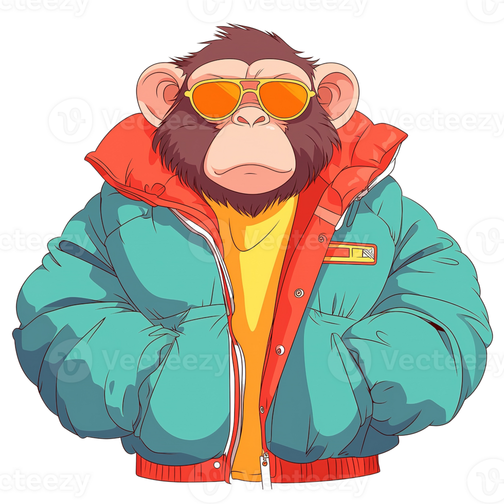 A cool cartoon chimpanzee wearing sunglasses and a puffer jacket png