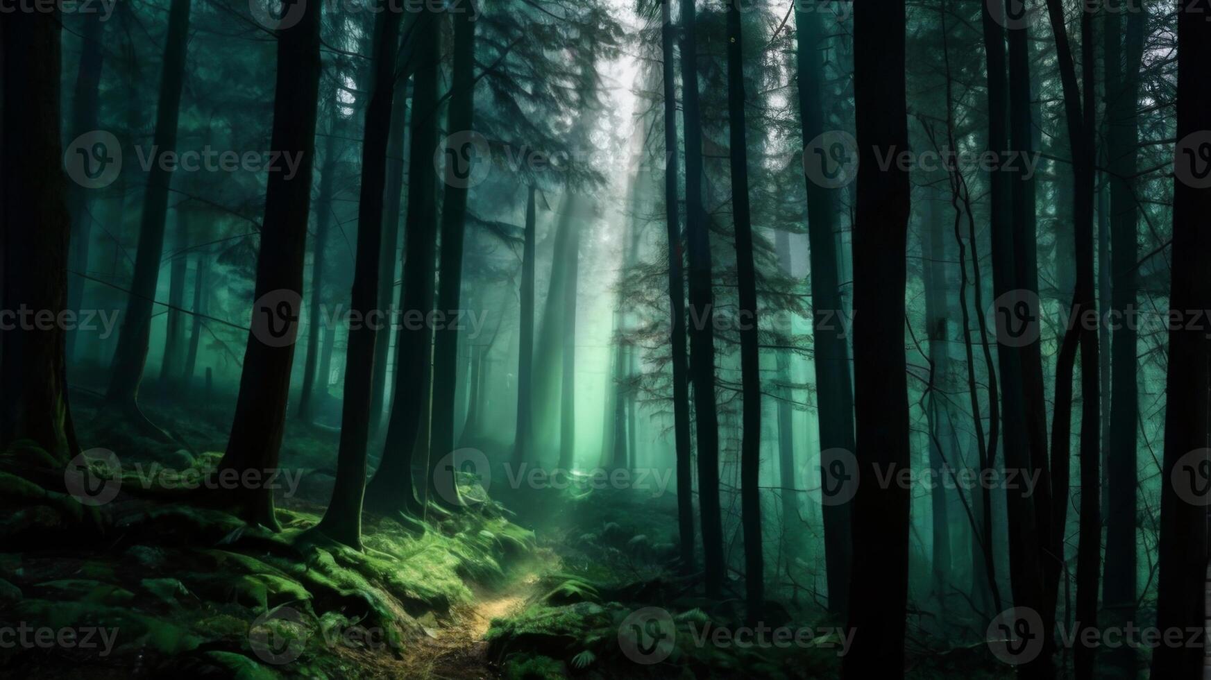 A path through a dark forest with green trees photo