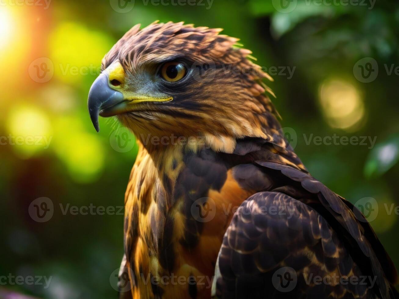 A hawk with yellow eyes and a black beak photo