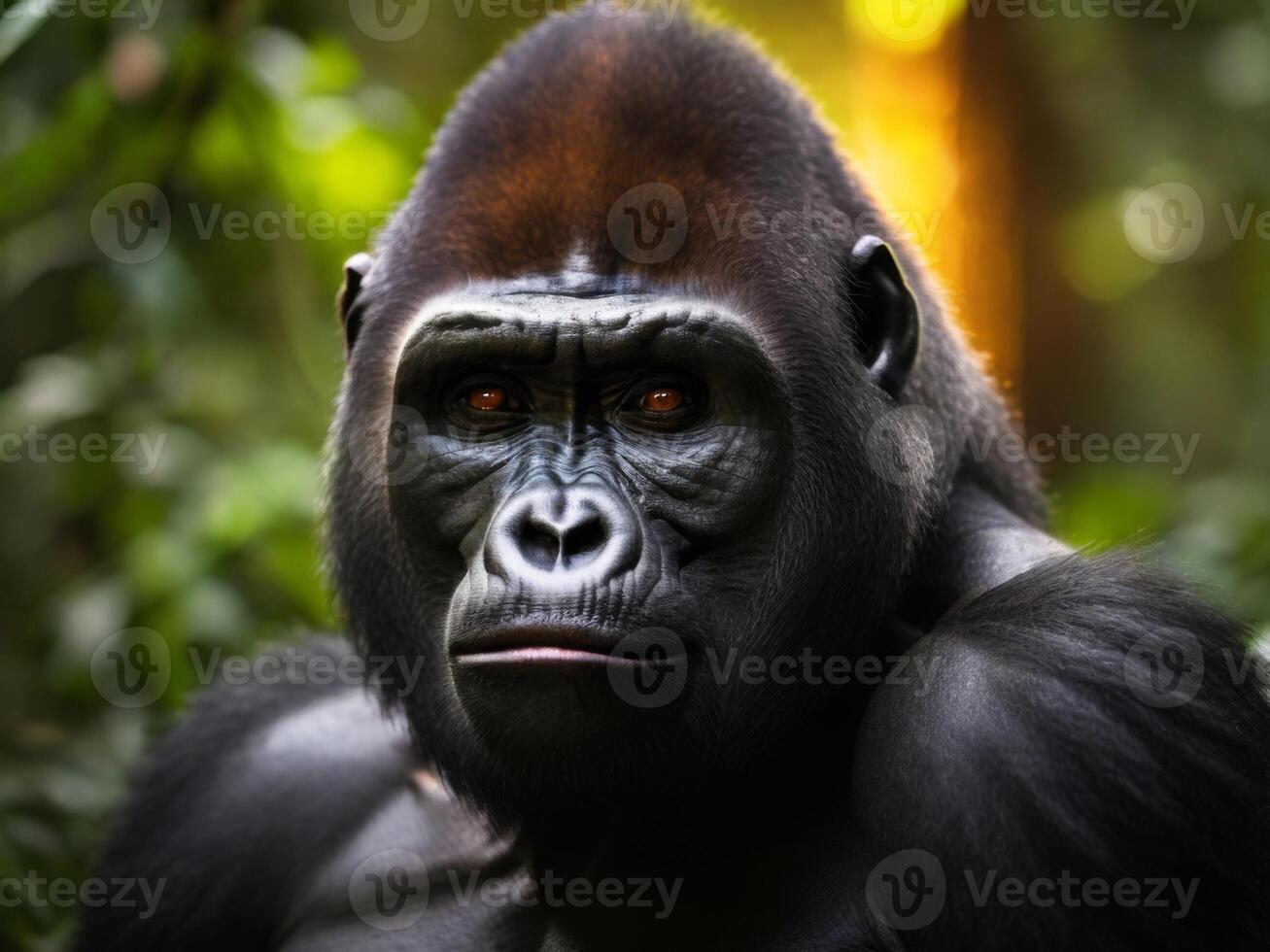 A gorilla is looking at the camera in the forest photo