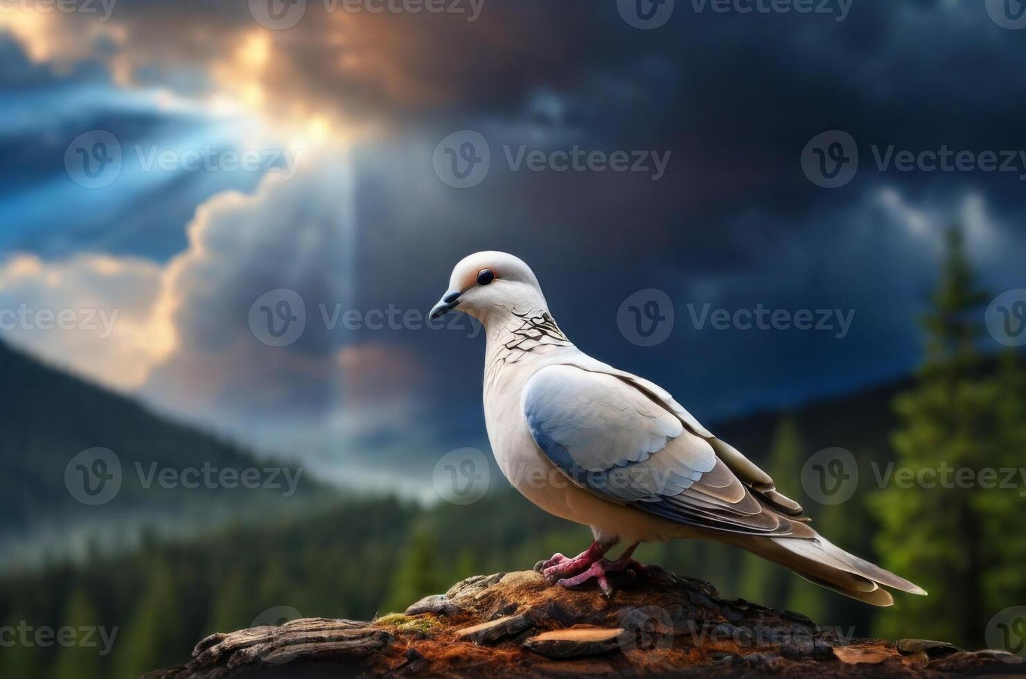 A white dove is standing on a rock in front of a cloudy sky photo