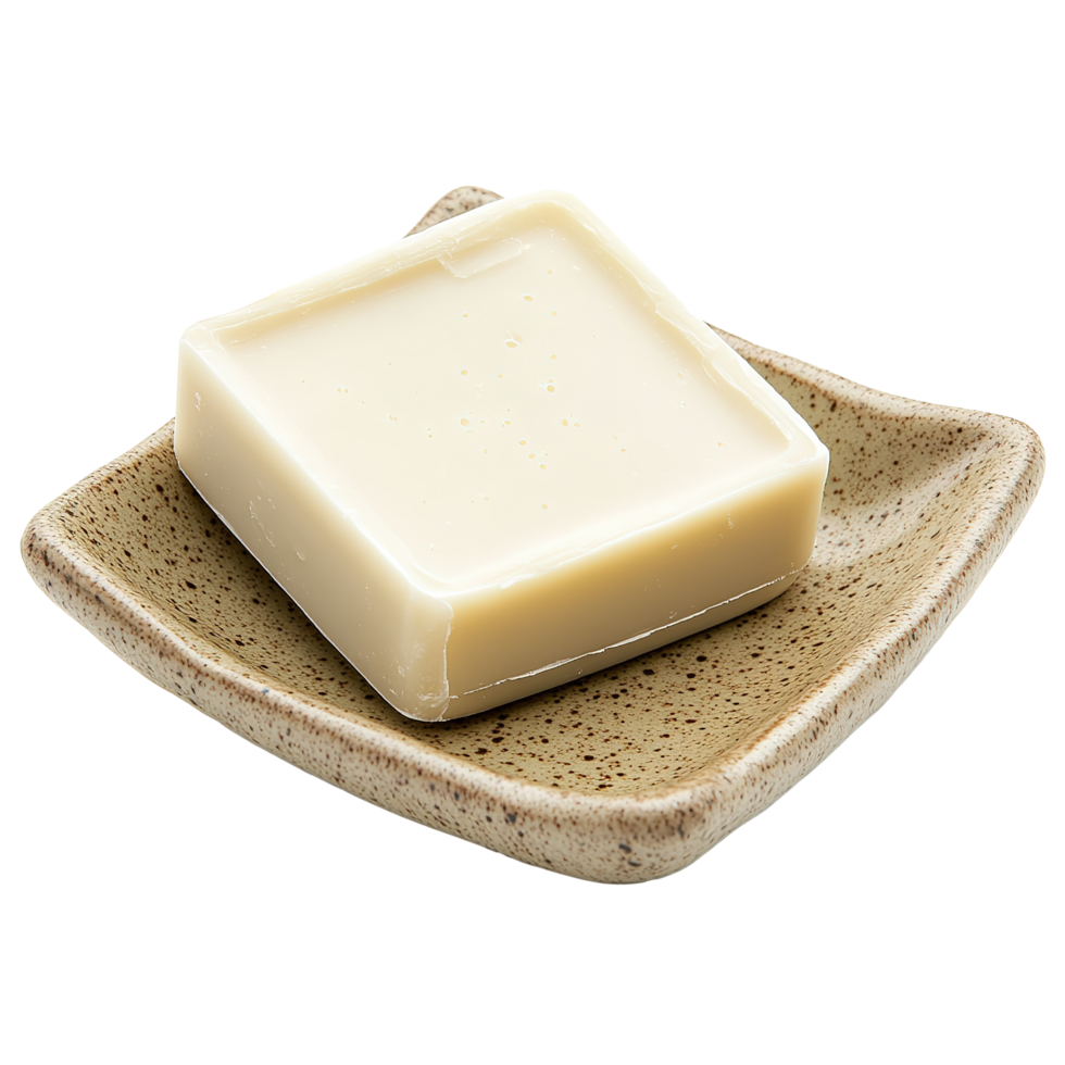 A square bar of soap sits on a decorative ceramic dish png