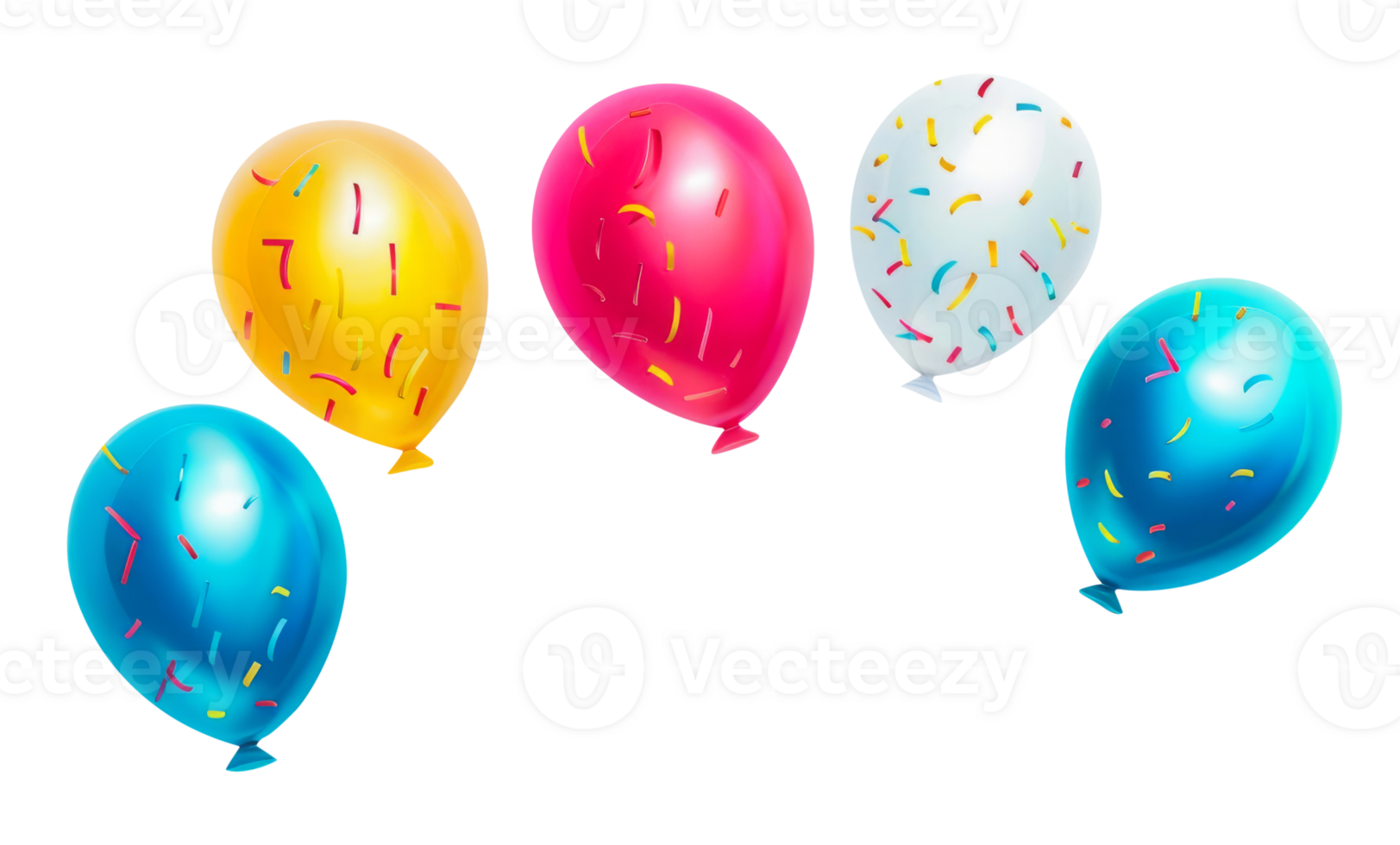 A bunch of balloons with sprinkles on them. There are five balloons in total. The balloons are in different colors and sizes png