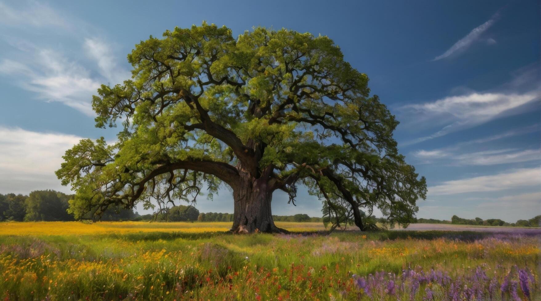 Oak tree in the wildflower meadow photo