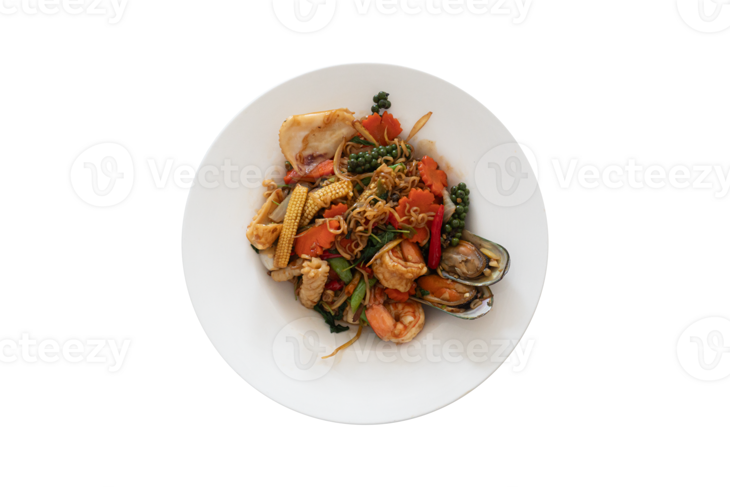 Sizzling Stir fried Seafood on white plate with a dish containing seafood vegetables and spices. Seafood includes shrimp and clams while the vegetables appear to be carrots green beans and peppers. png