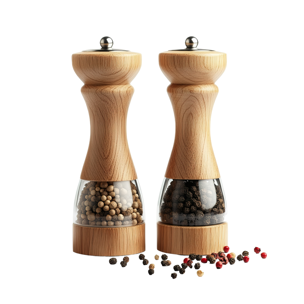 Two wooden pepper mills with glass bodies on a neutral background png