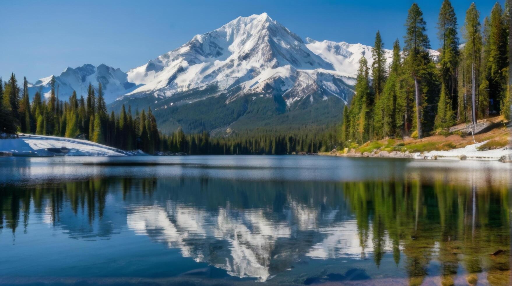 A mountain reflecting in a lake with trees in the background photo