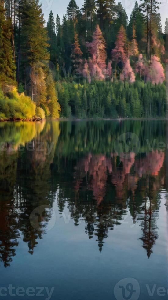 A lake with trees and flowers reflected in the water photo