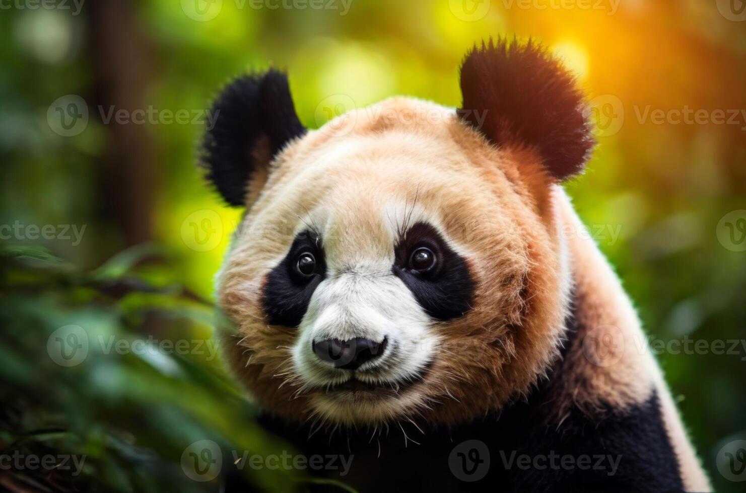 A panda bear is looking at the camera in the forest photo
