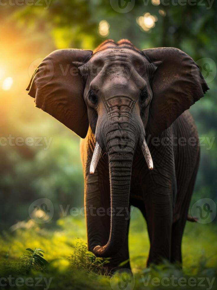 An elephant is walking through the grass with the sun behind it photo