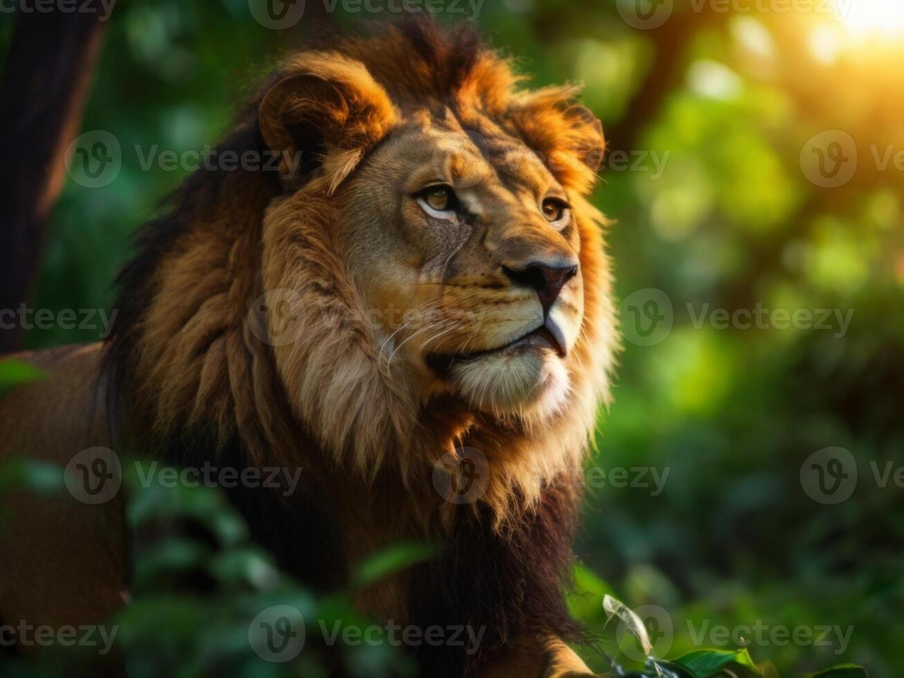 A lion is sitting in the grass with the sun shining photo