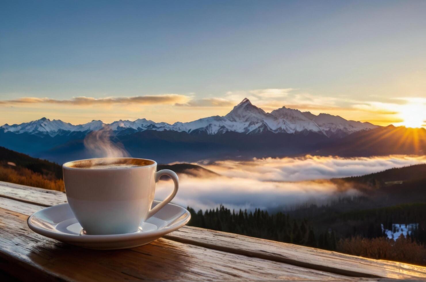 Coffee cup on the table with mountains in the background photo