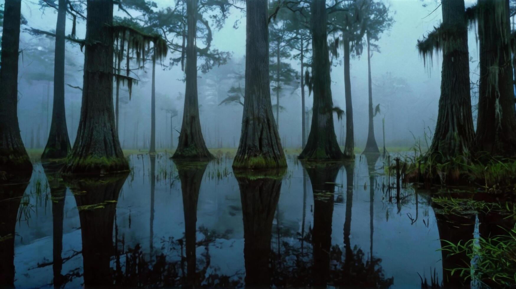 A swamp with tall trees and water photo