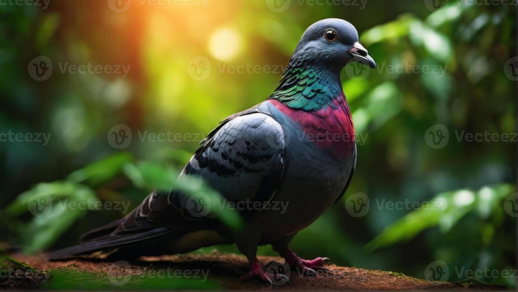 A pigeon is standing on a branch in the forest photo