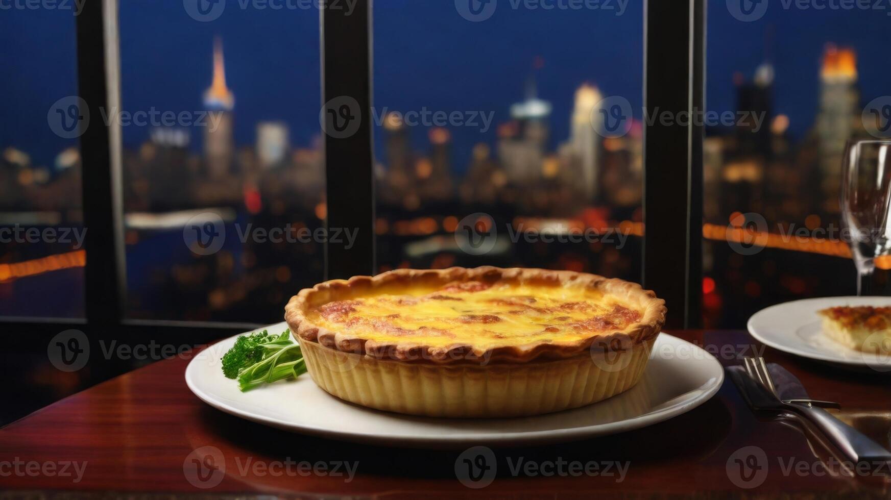 A quiche and a glass of wine on a table in front of a cityscape photo