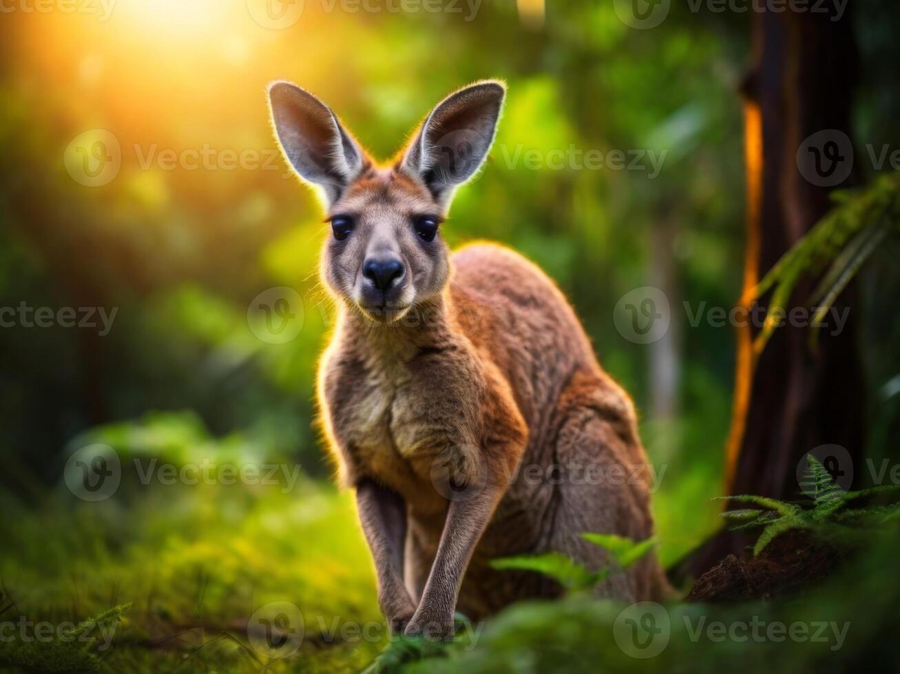 A kangaroo in the forest at sunset photo