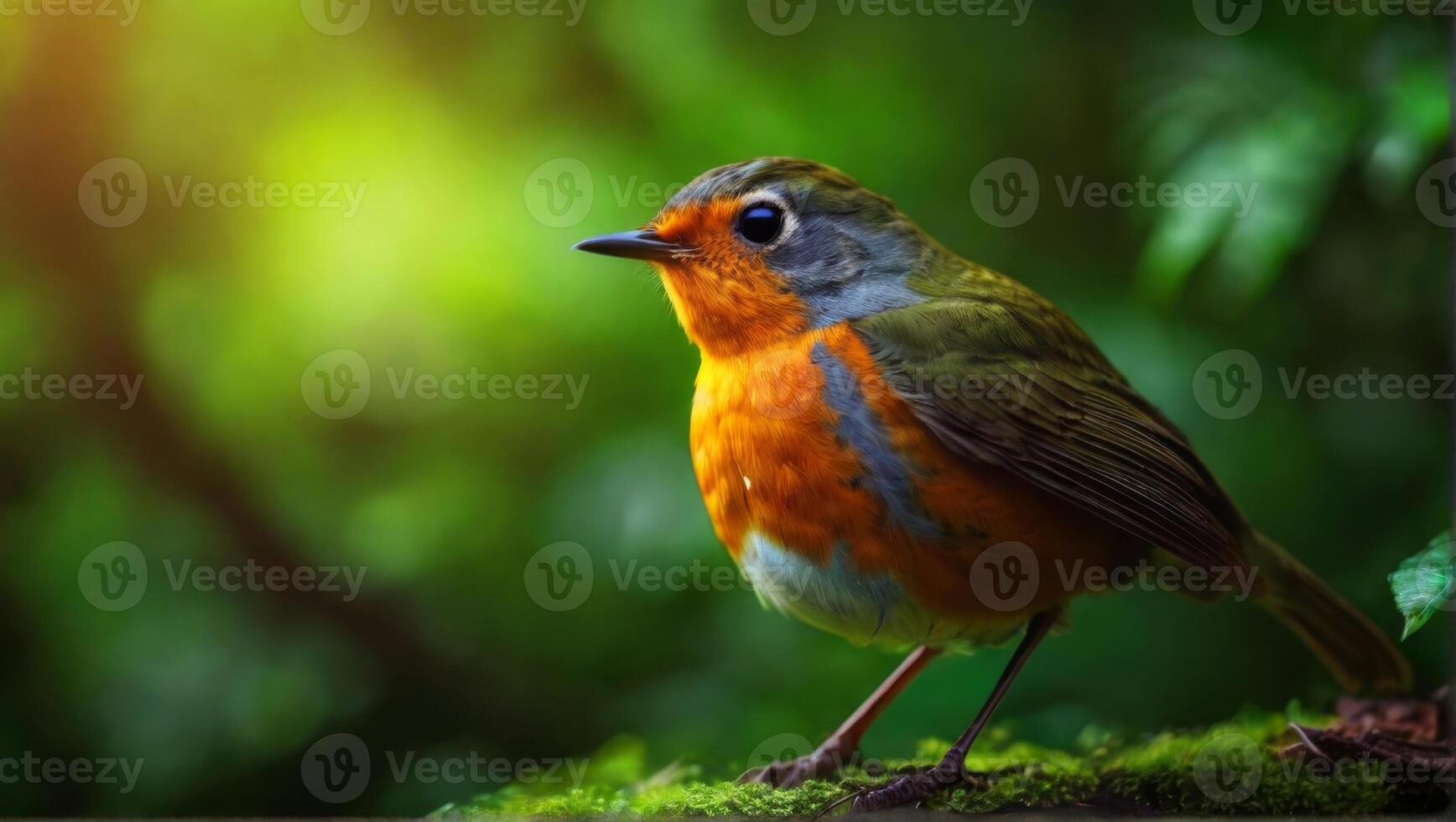 A small bird is standing on a moss covered tree photo