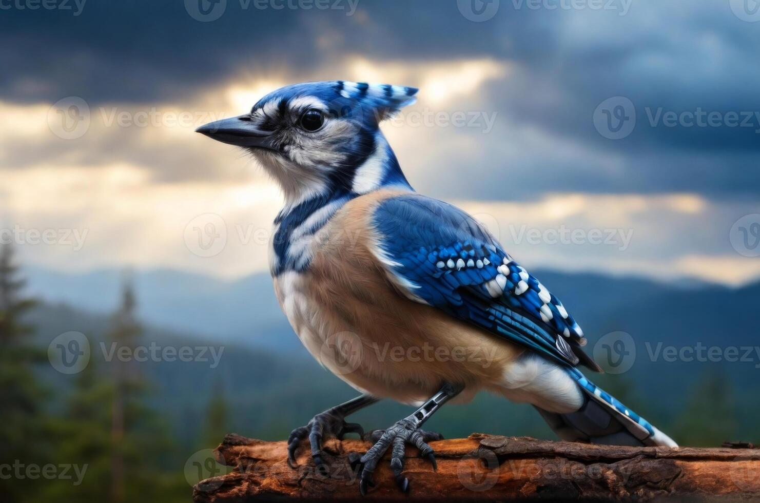 Blue jay bird on a branch in the mountains photo