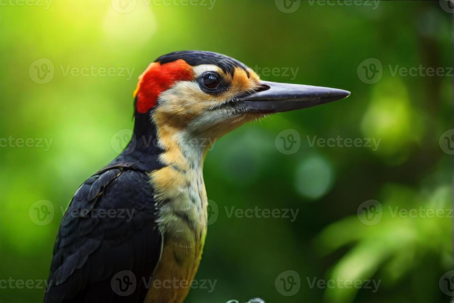A woodpecker with a red beak and black and white feathers photo