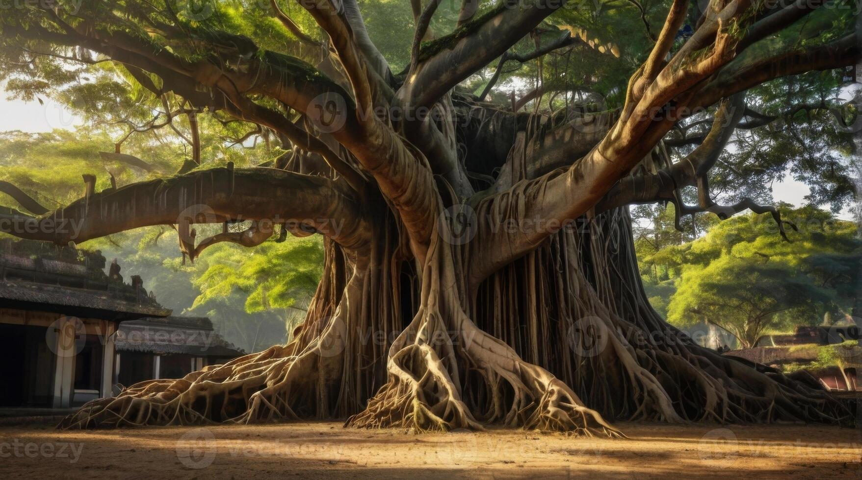 An old banyan tree in front of a temple photo