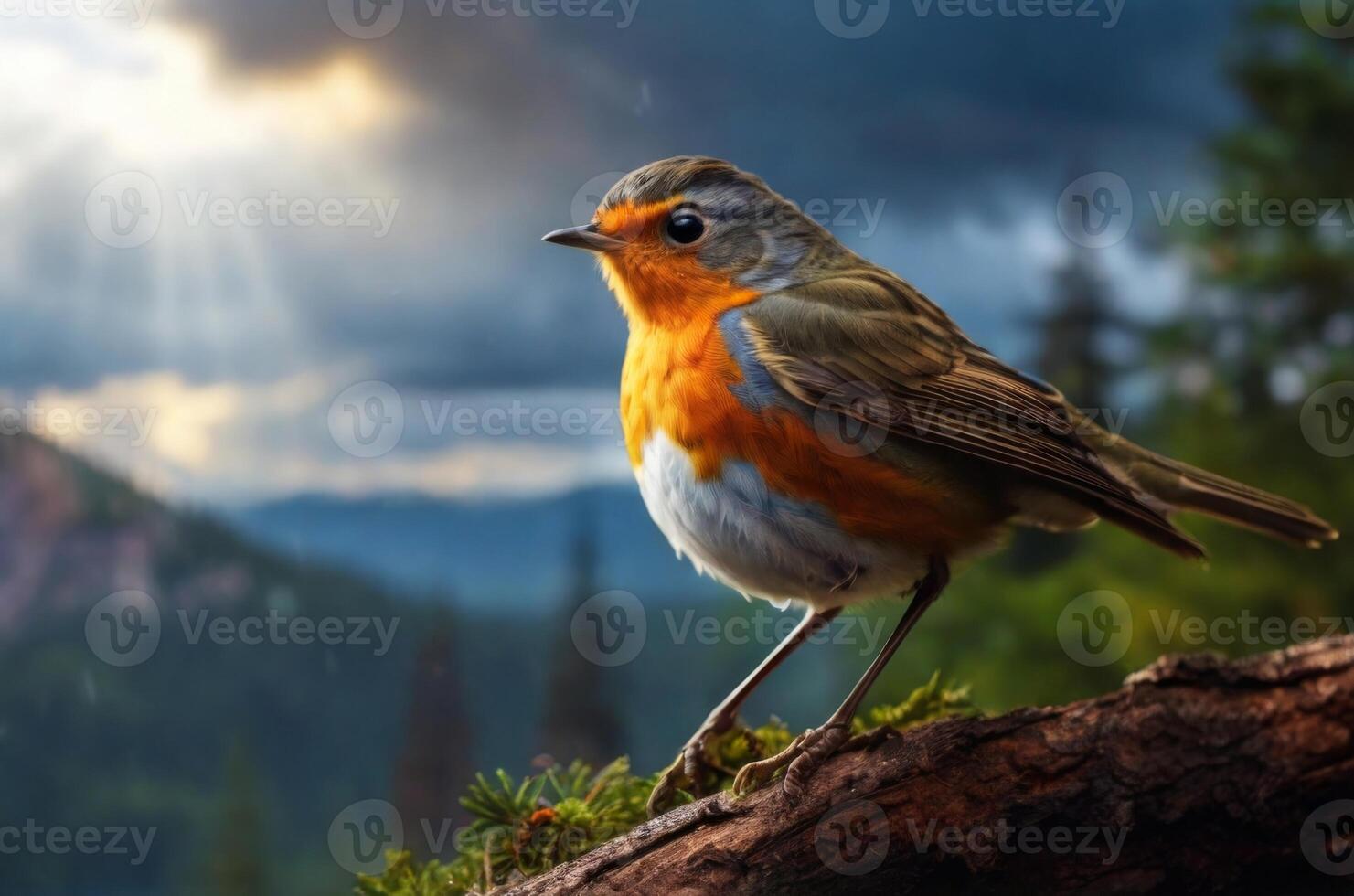 A bird is sitting on a branch in front of a mountain photo