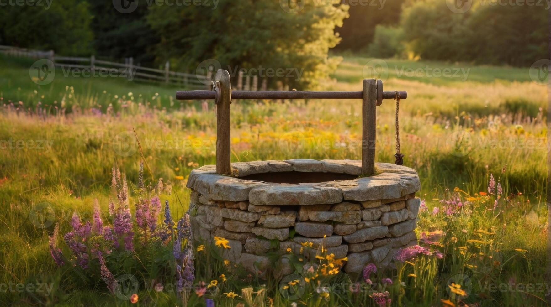 An old well in a field with flowers and trees photo