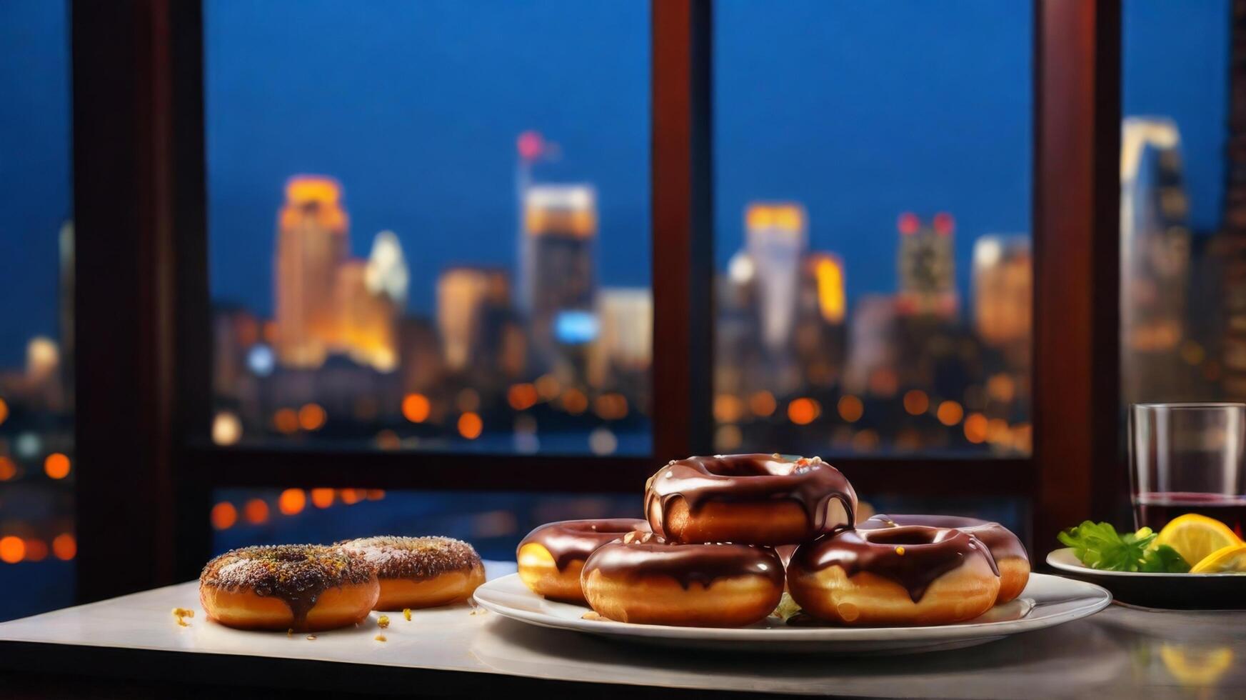 A table with a plate of donuts and a glass of lemonade photo