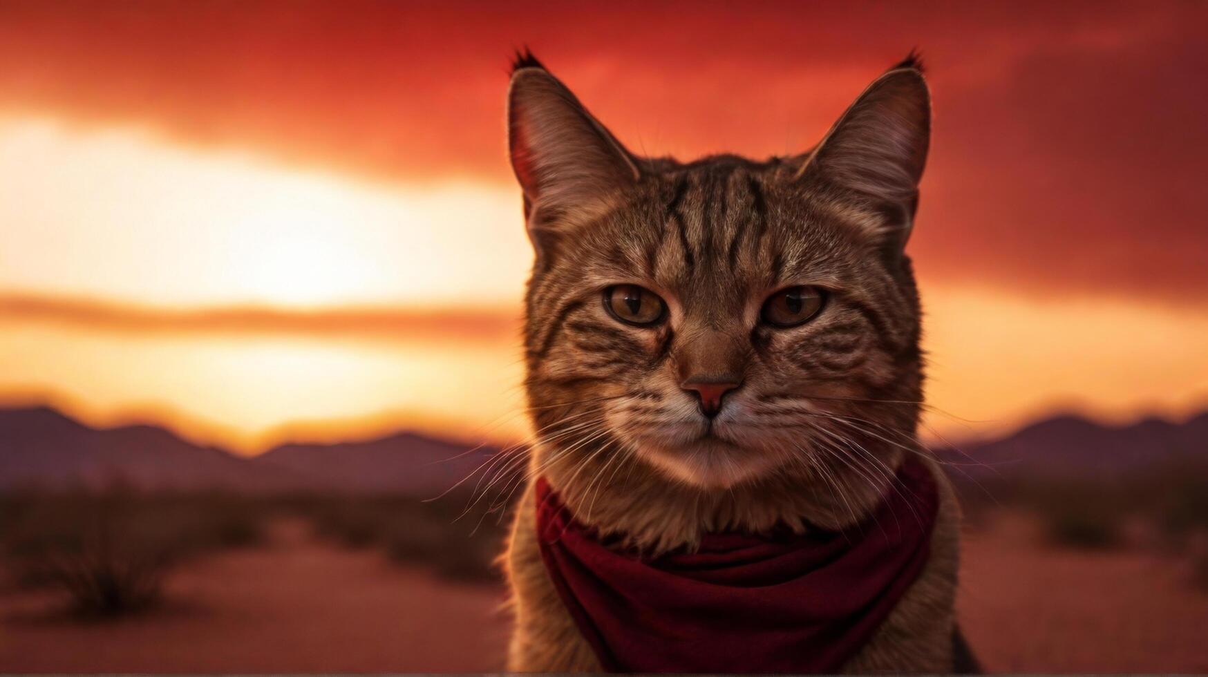 A cat wearing a red bandana in the desert photo
